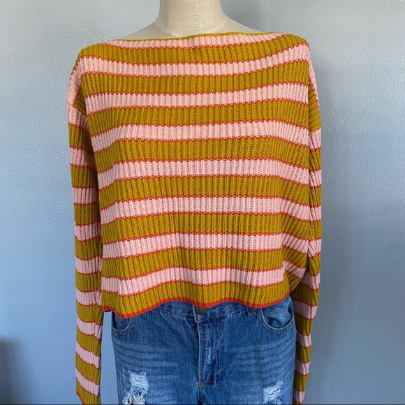 CURIOSITY Mustard Yellow, White & Pink Striped wide neck knit sweater - Picture 2 of 4